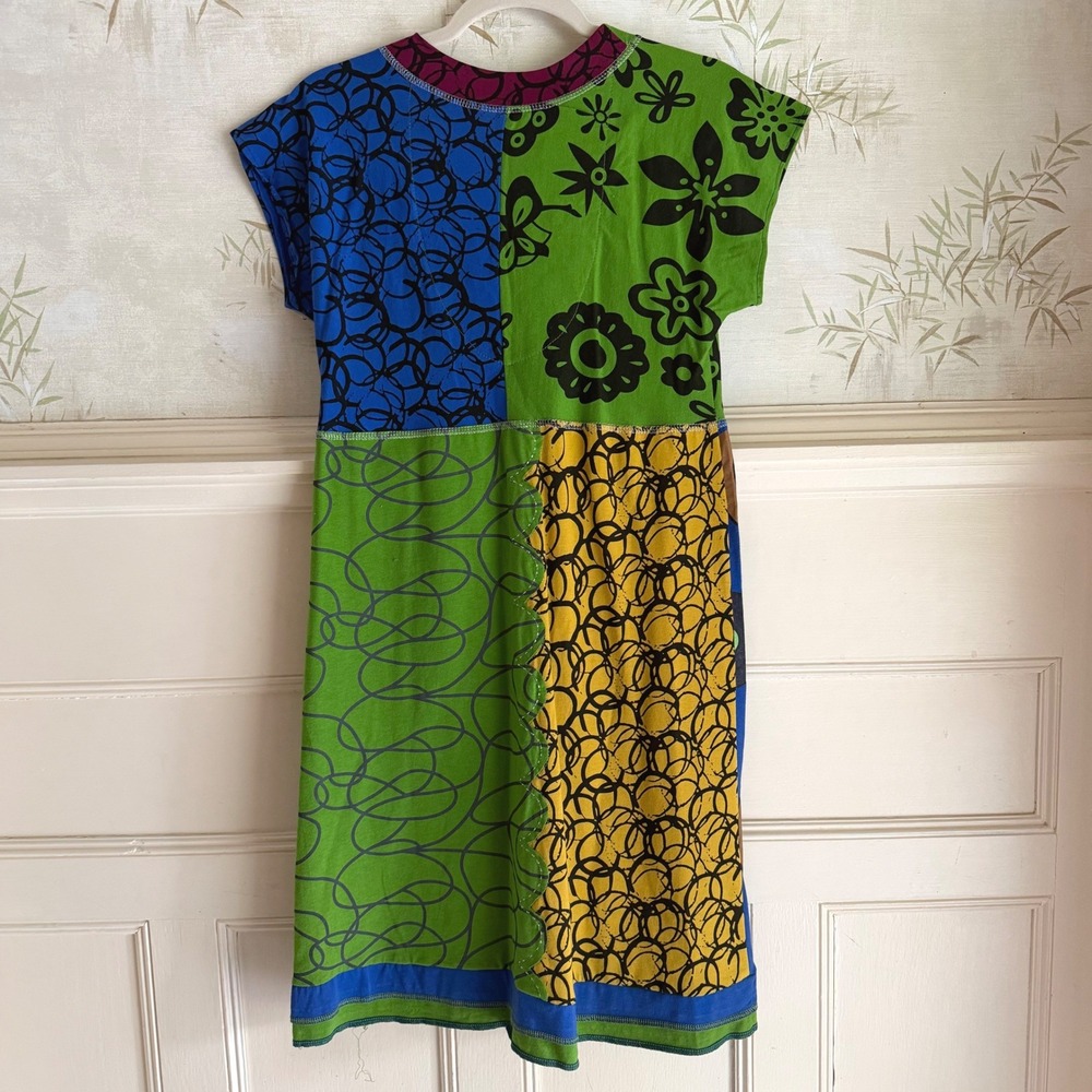 Charm's Patchwork Cotton Dress L Short Sleeve Mixed Prints Art Wear Maximalist - Picture 2 of 5